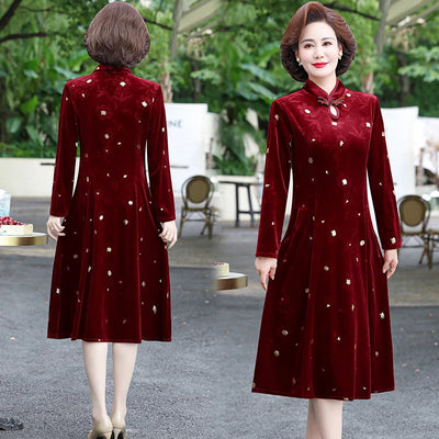 Embroidery Gold Velvet Cheongsam Long Dress Women