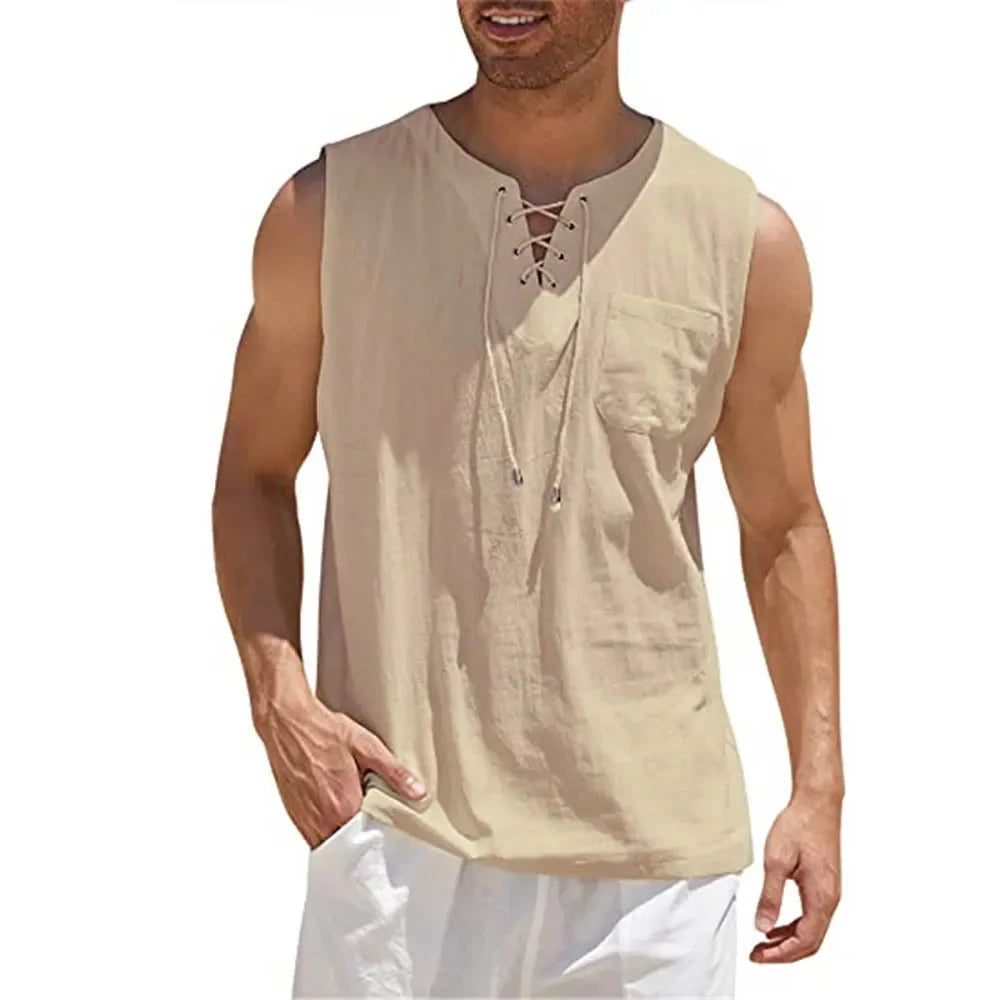 Men's Casual Shirts Leeveless Vest Bandage Lace Up Blouse Retro V Neck