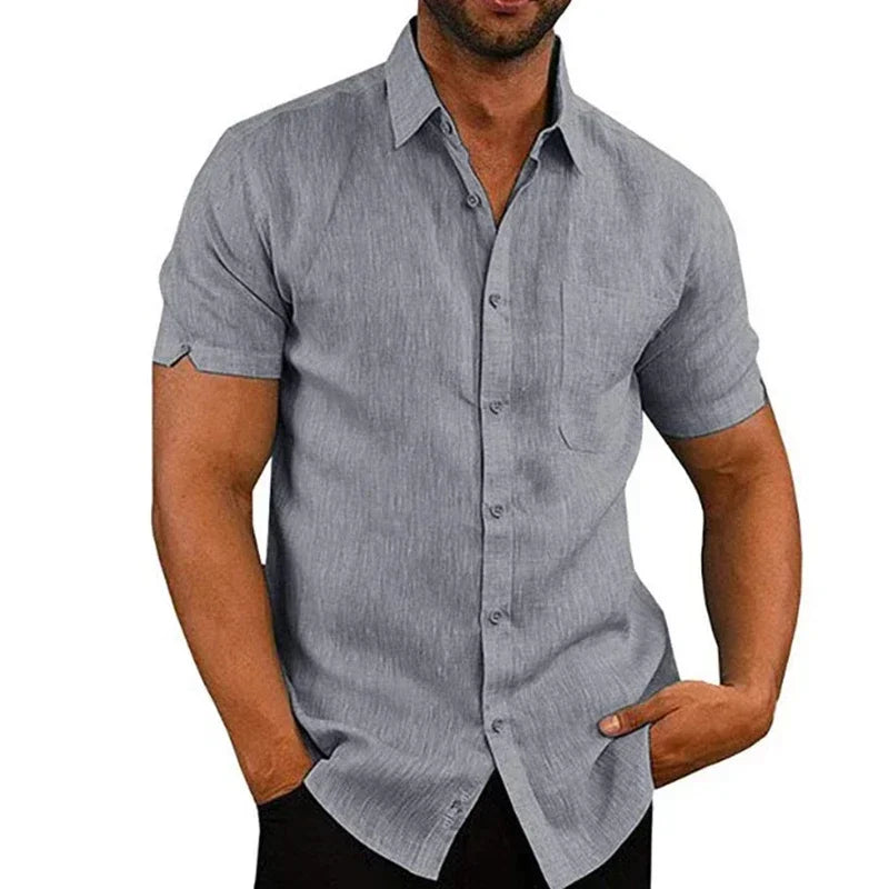 Cotton Linen Shirts for Men Casual Short Sleeved Shirts Blouses Solid Turn-Down Collar