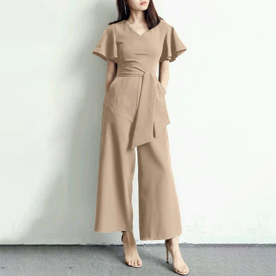 Wide Leg Jumpsuits Summer V Neck Short Sleeve Rompers Elegant