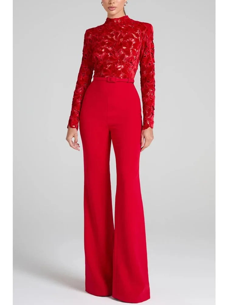 Long sleeved waistband jumpsuit flared pants| INS casual loose party jumpsuit