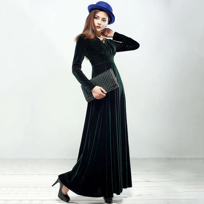 Long Sleeve V Neck Pleated Velvet Banquet Party Maxi Dress Party Wedding