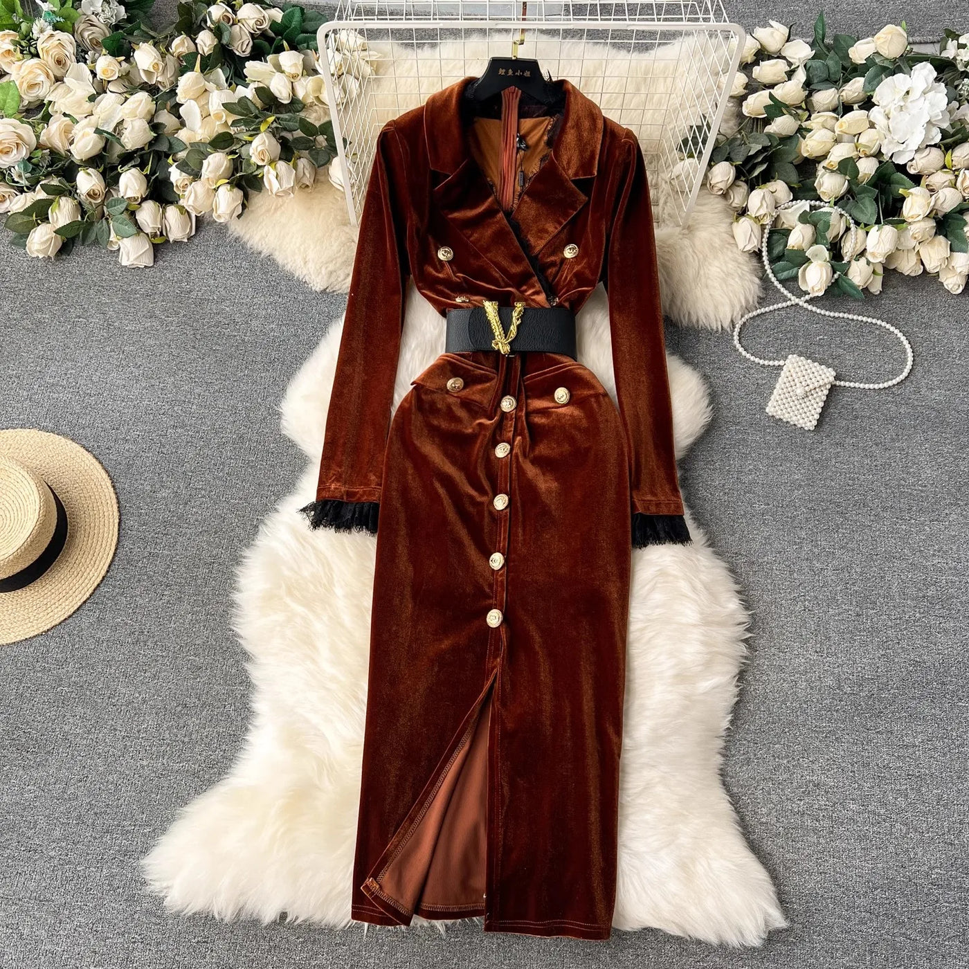 V-Neck Velvet Dress Women Long Sleeve Fashion Metre Buttons Split Sheath