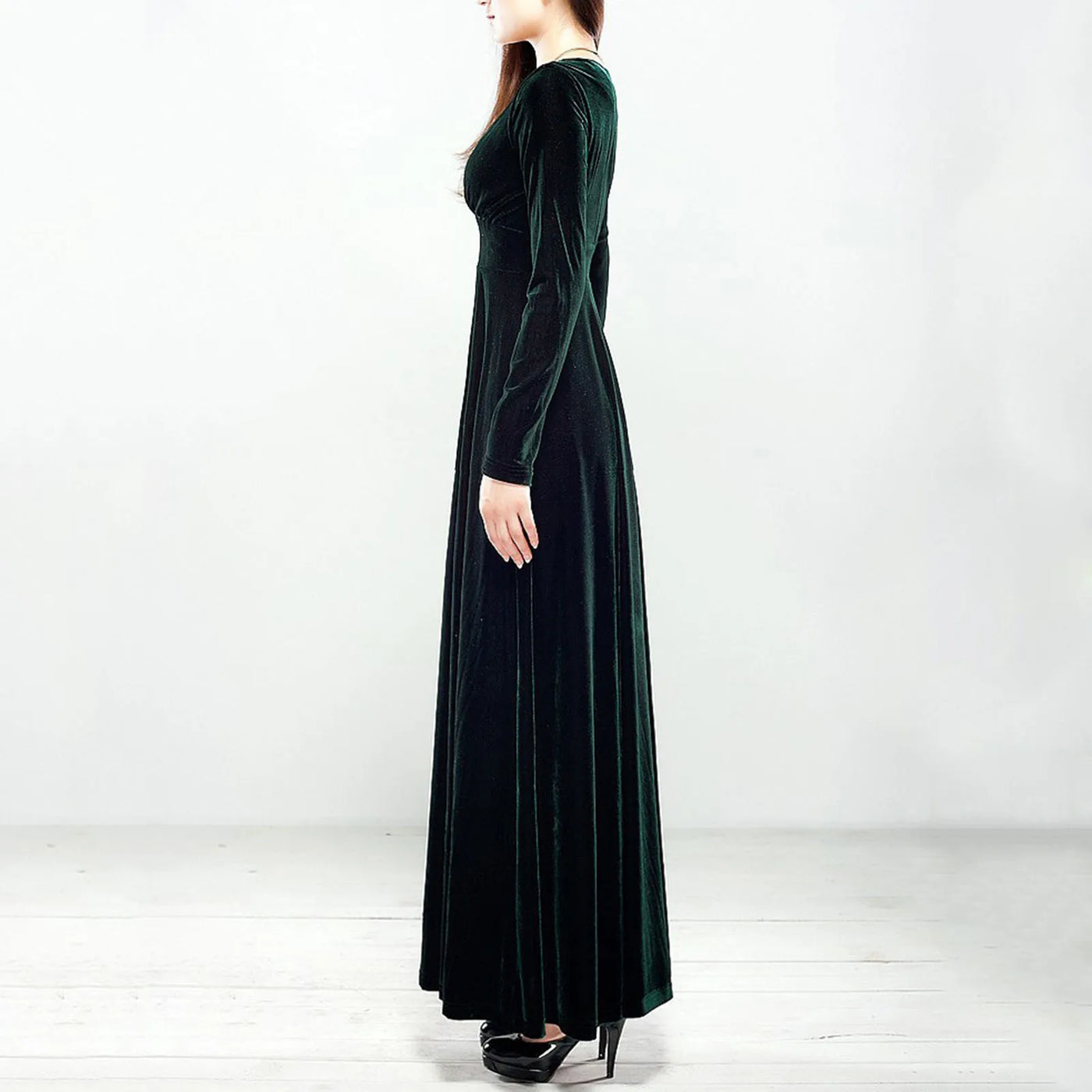 Long Sleeve V Neck Pleated Velvet Banquet Party Maxi Dress Party Wedding