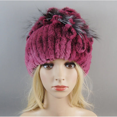 Luxury Women Fur Hat For Winter Handmade Natural Rex Rabbit Fox .