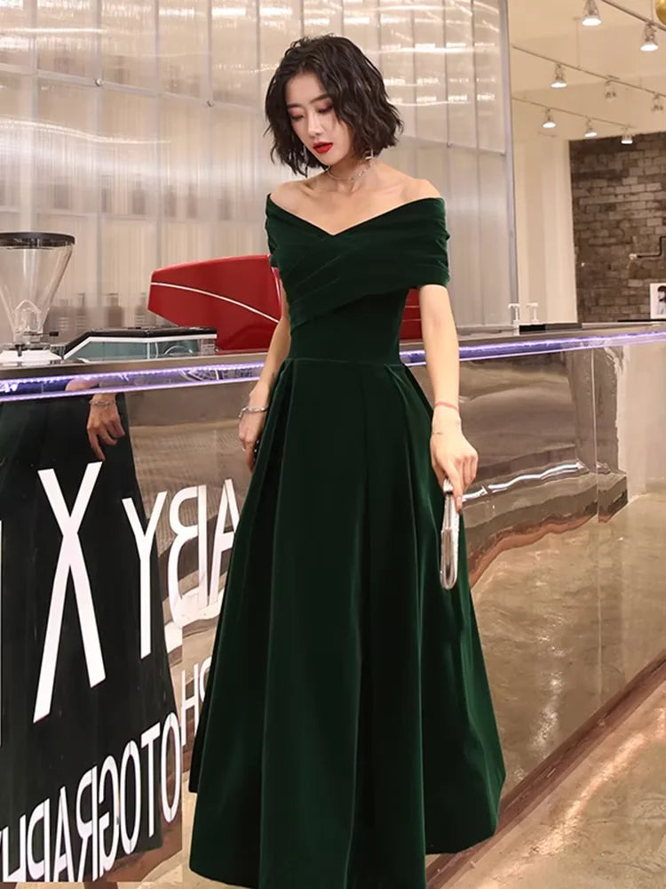 Chic Black Soft Velvet Evening Party Wedding Dresses for Women Off Shoulder Maxi Clothes